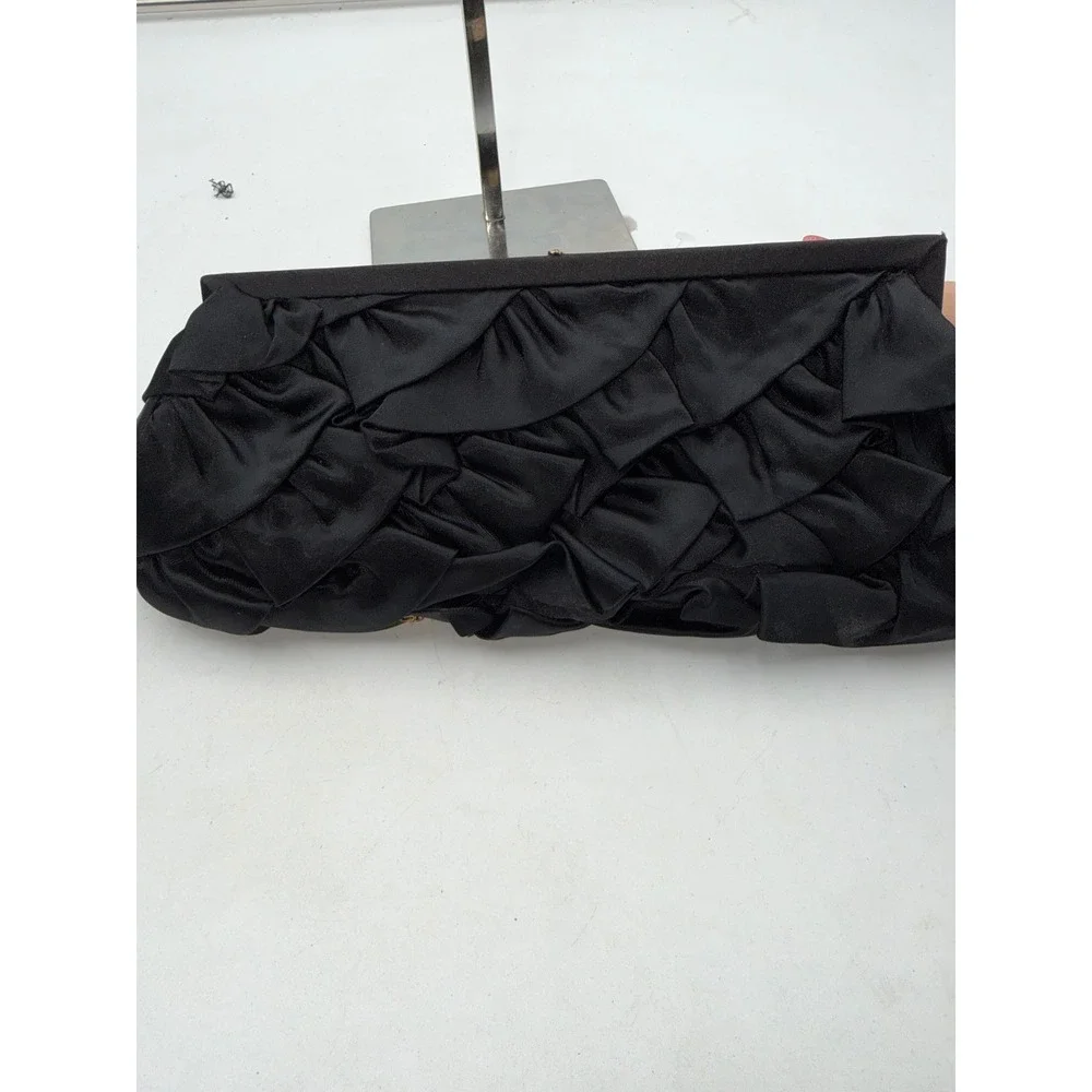 Lord & Taylor Black Satin Ruffle Evening Clutch Rhinestone Clasp Gold Chain Bag